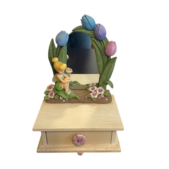 Disney Store Tinker Bell Fairies Jewelry Box Mirror Sculpted Resin Floral Drawer